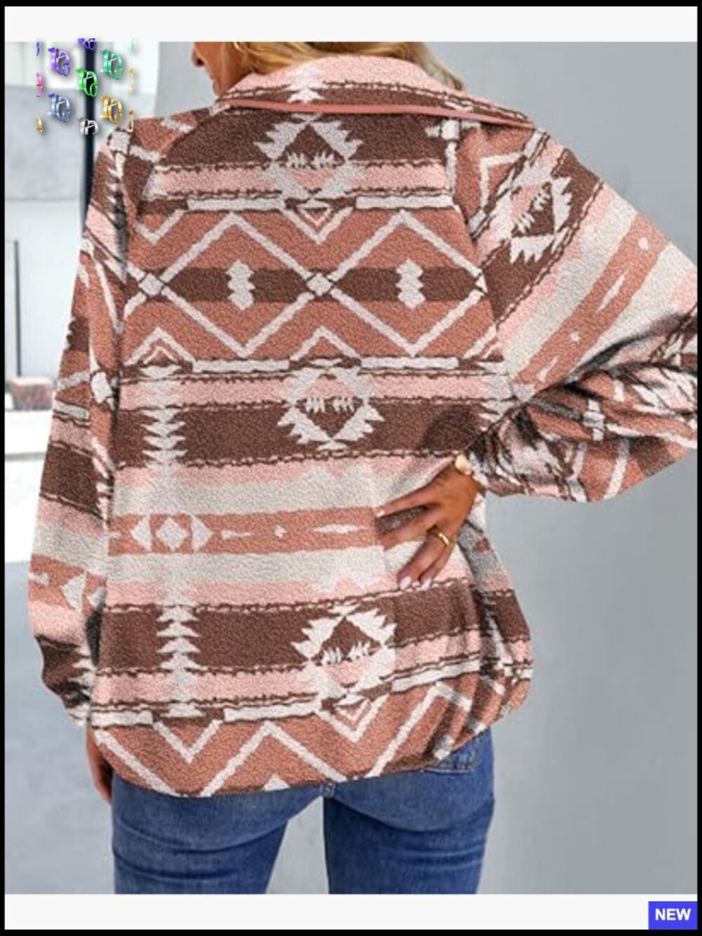 Western Aztec Print Fleece Jacket Snap Button Down Long Sleeve Shacket Pockets - Picture 2 of 7